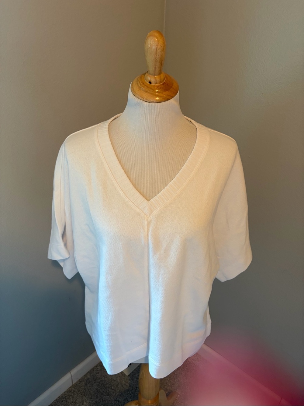 CAbi White V-Neck Short Sleeve Sweatshirt #8030 Cabana Top